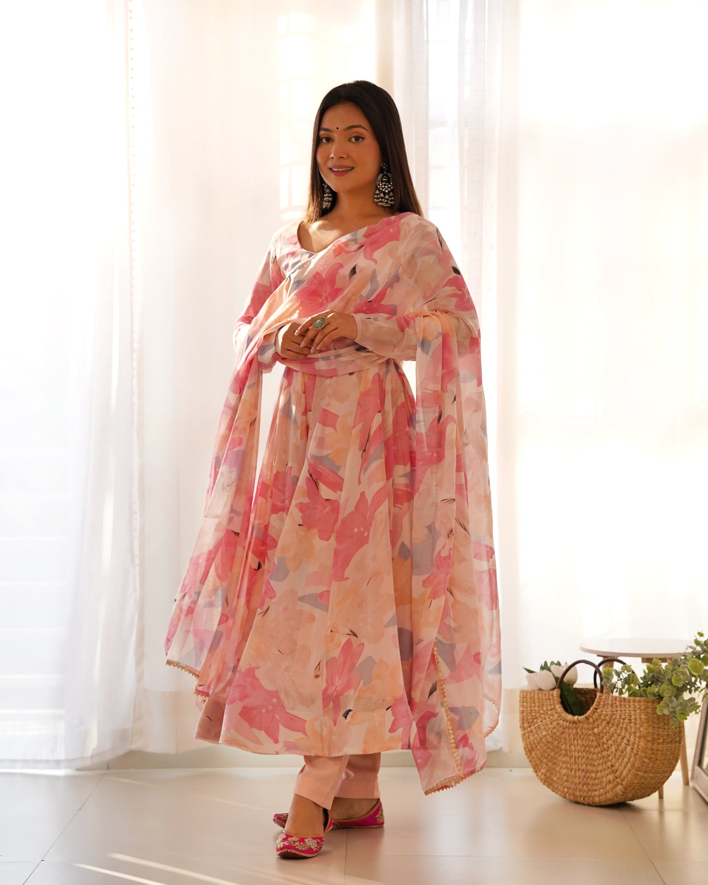 Pure Georgette Floral Printed Gown With Pant And Dupatta