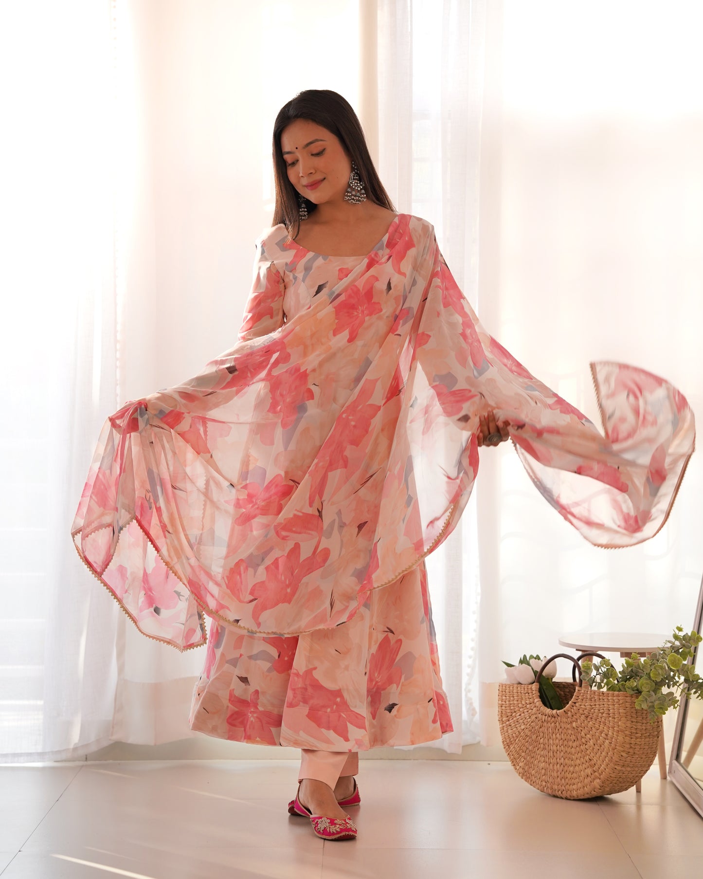 Pure Georgette Floral Printed Gown With Pant And Dupatta