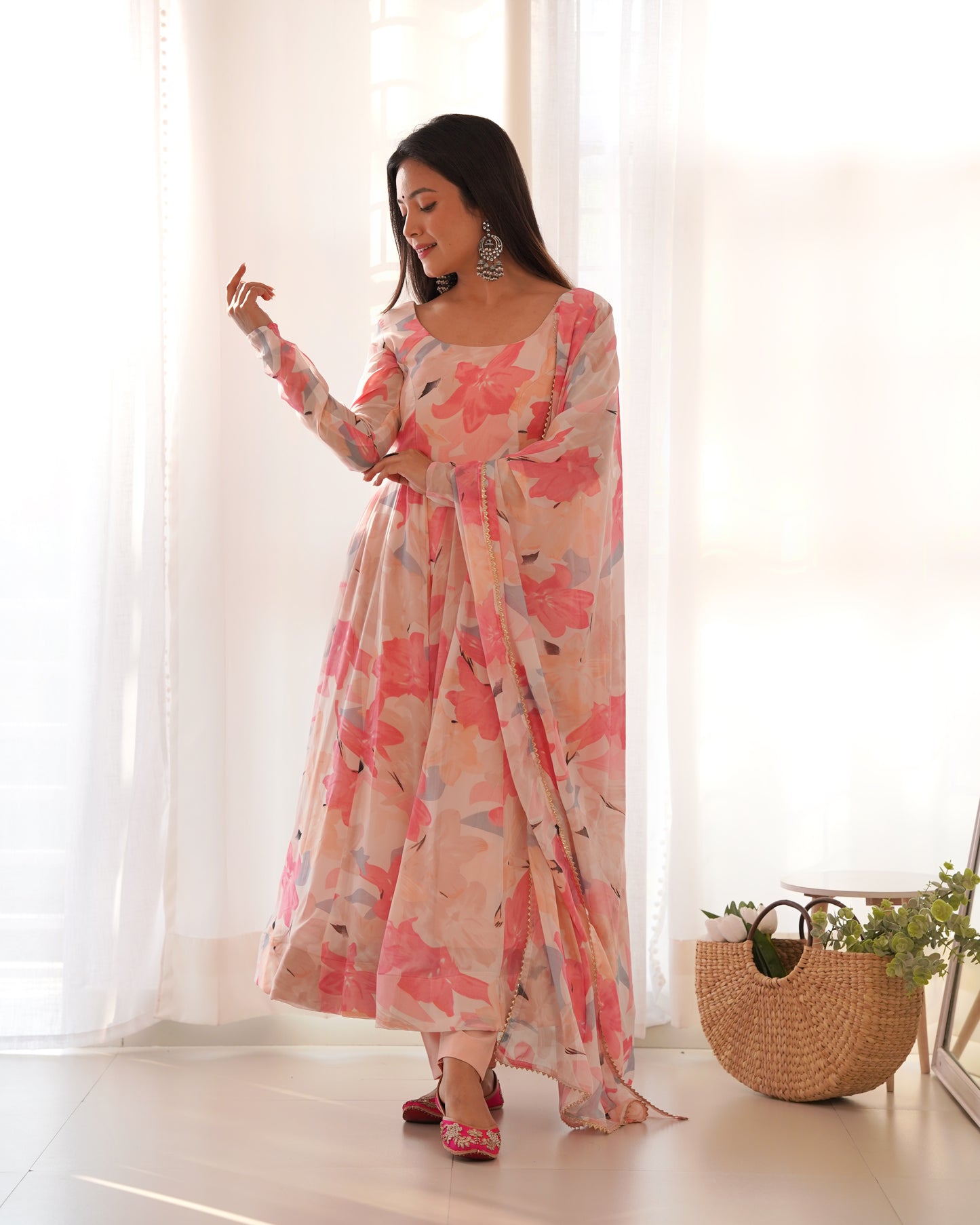 Pure Georgette Floral Printed Gown With Pant And Dupatta