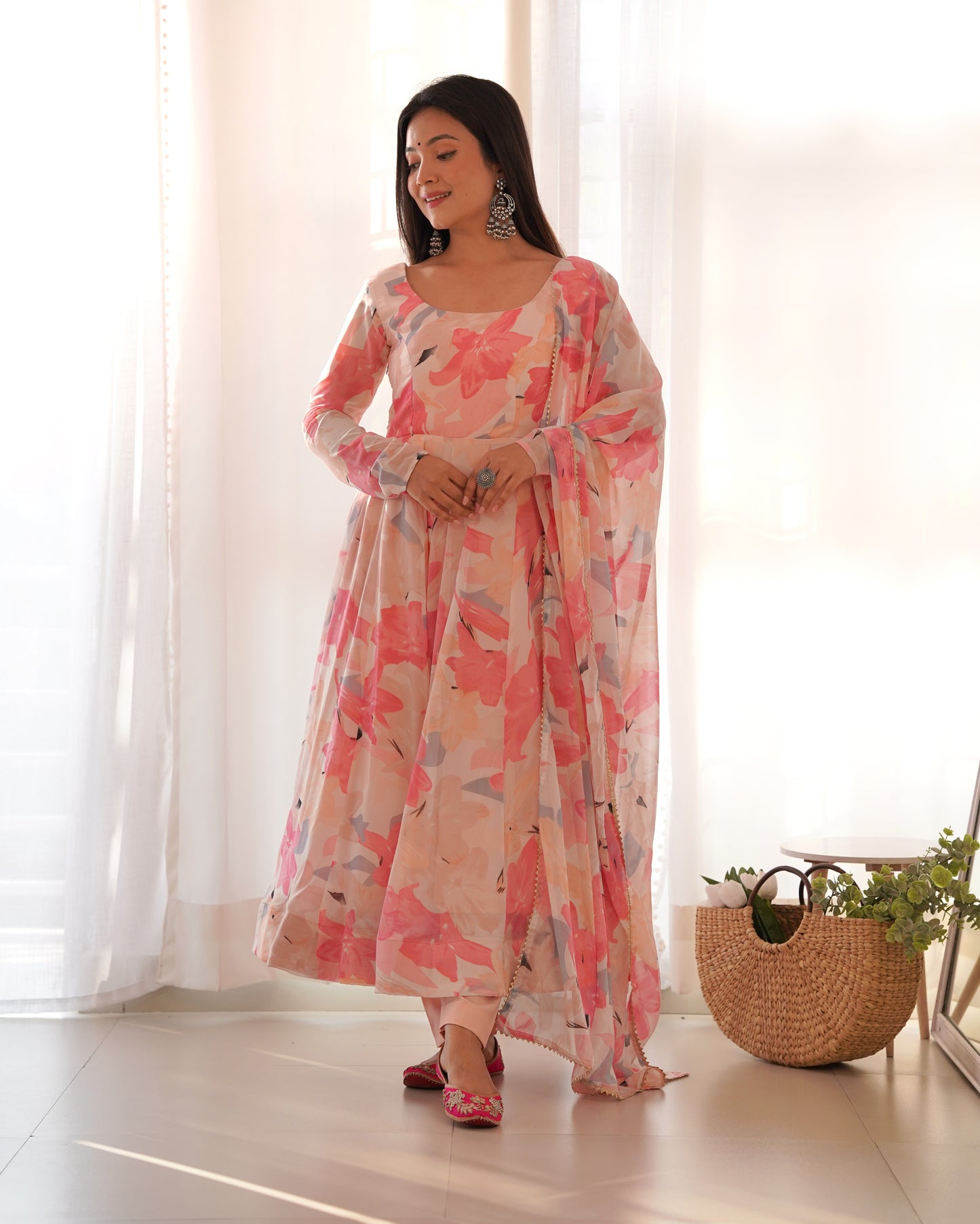 Pure Georgette Floral Printed Gown With Pant And Dupatta