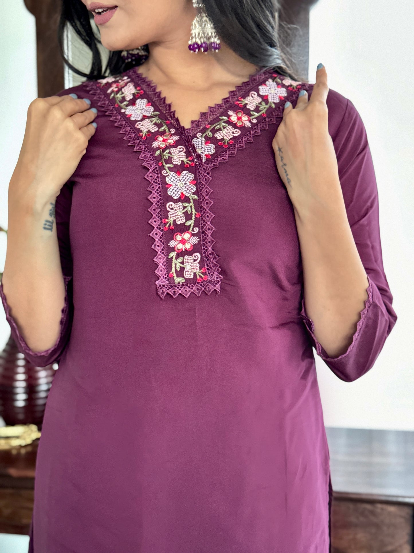 Buy Women Burgundy Embroidered Chandery Kurta Sets