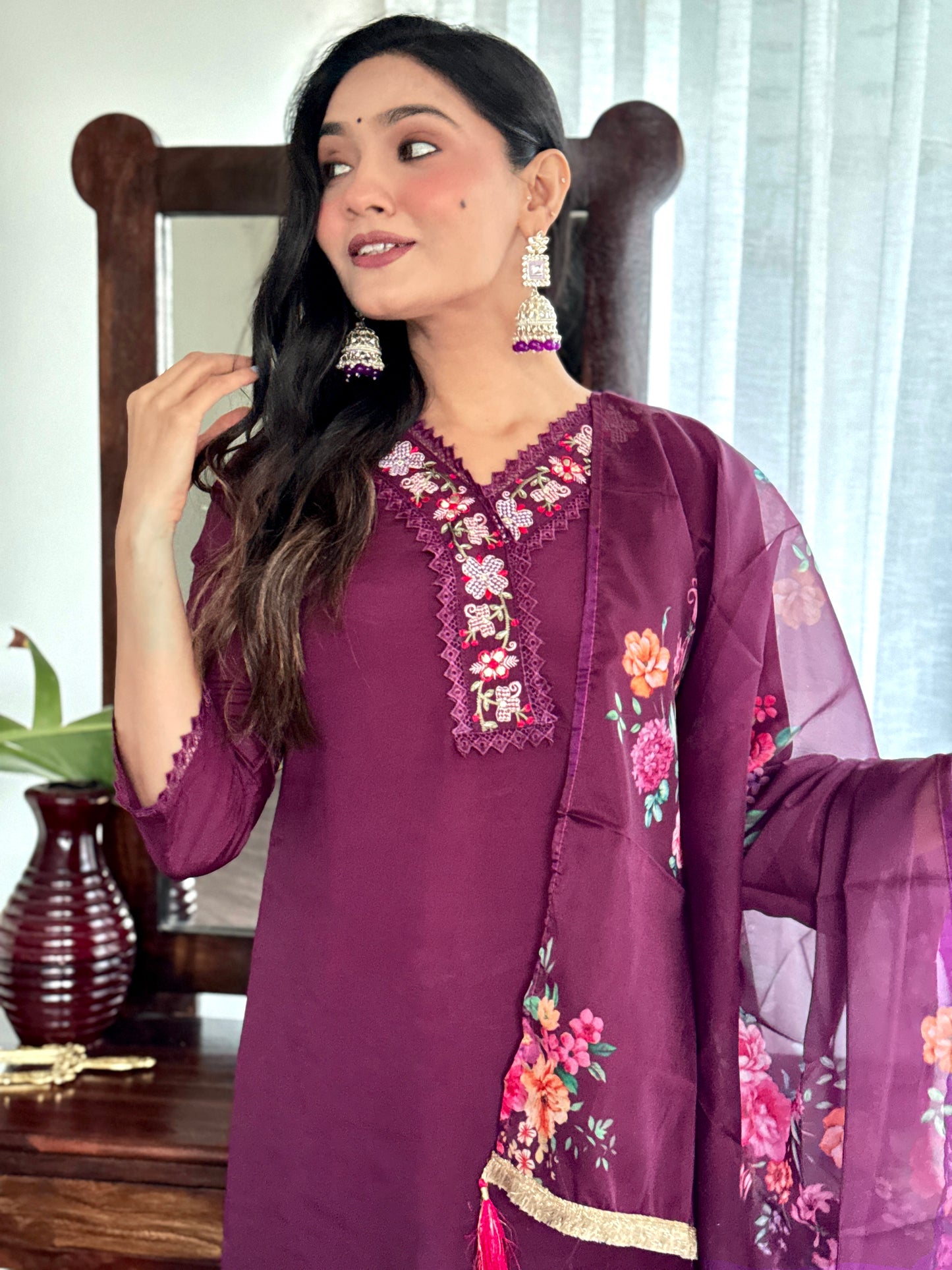 Buy Women Burgundy Embroidered Chandery Kurta Sets