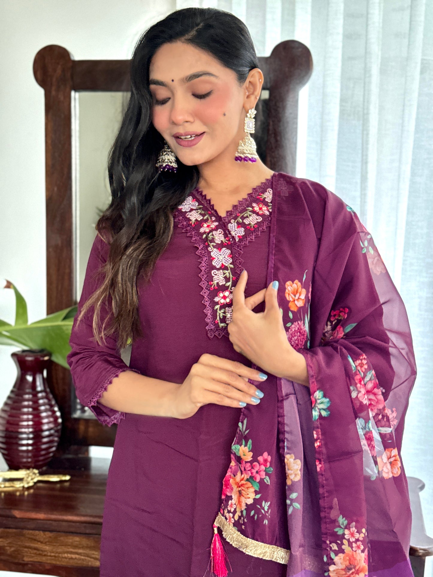 Buy Women Burgundy Embroidered Chandery Kurta Sets