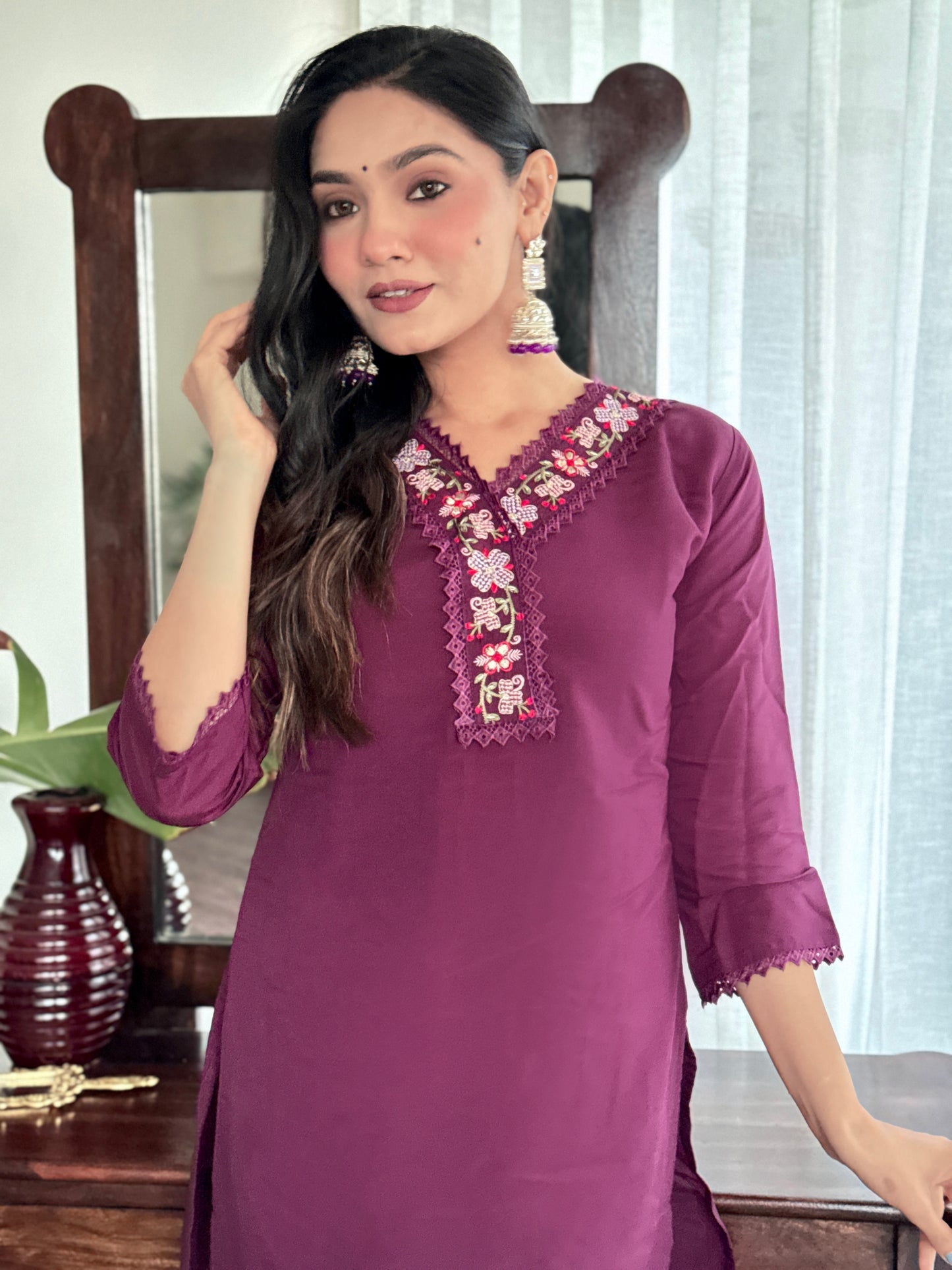 Buy Women Burgundy Embroidered Chandery Kurta Sets