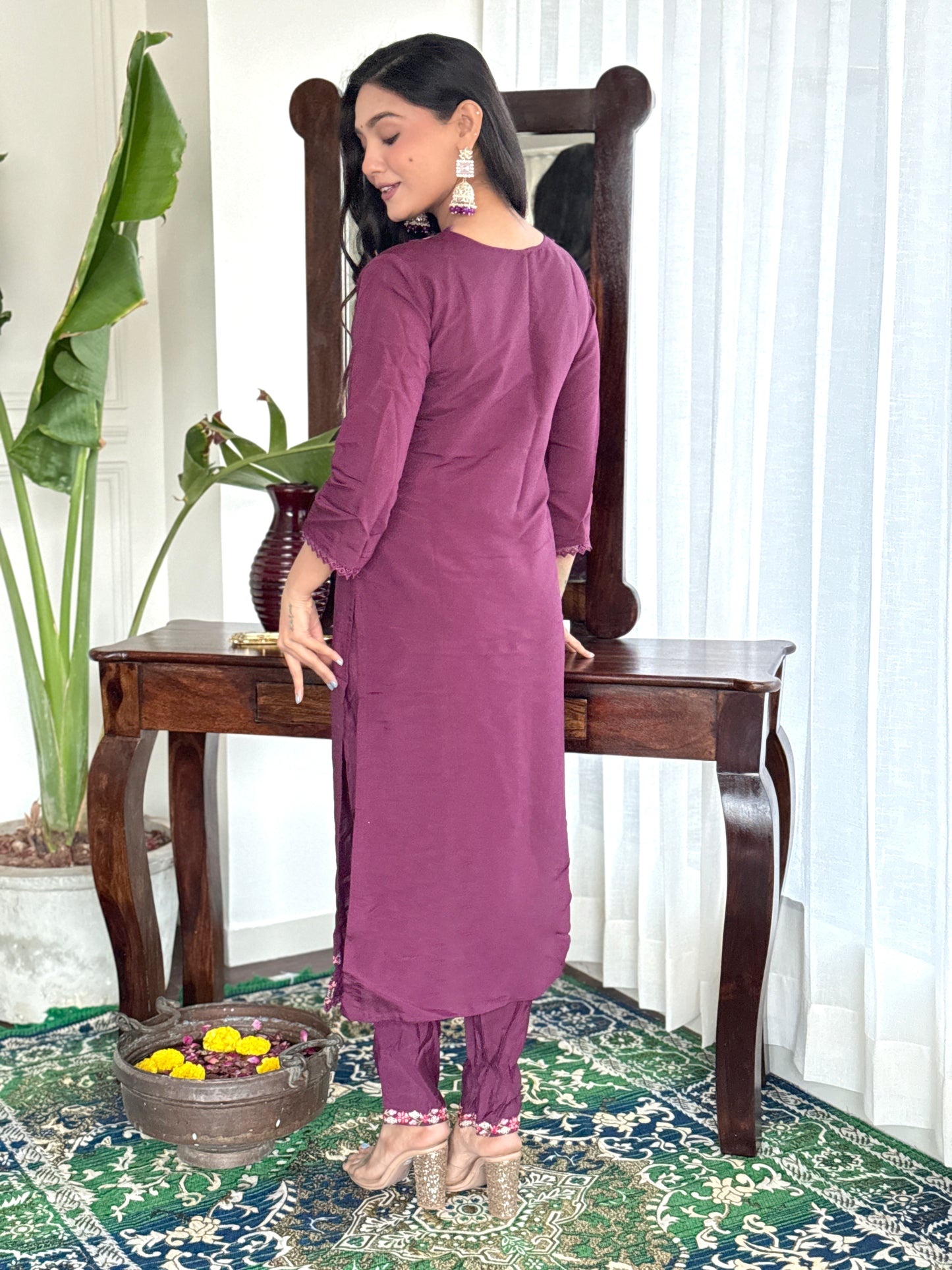 Buy Women Burgundy Embroidered Chandery Kurta Sets