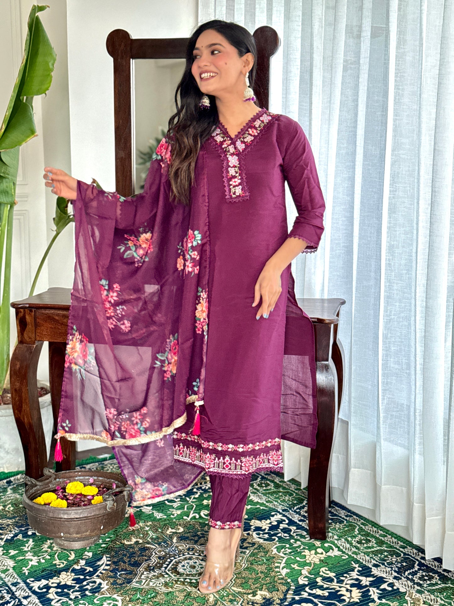 Buy Women Burgundy Embroidered Chandery Kurta Sets