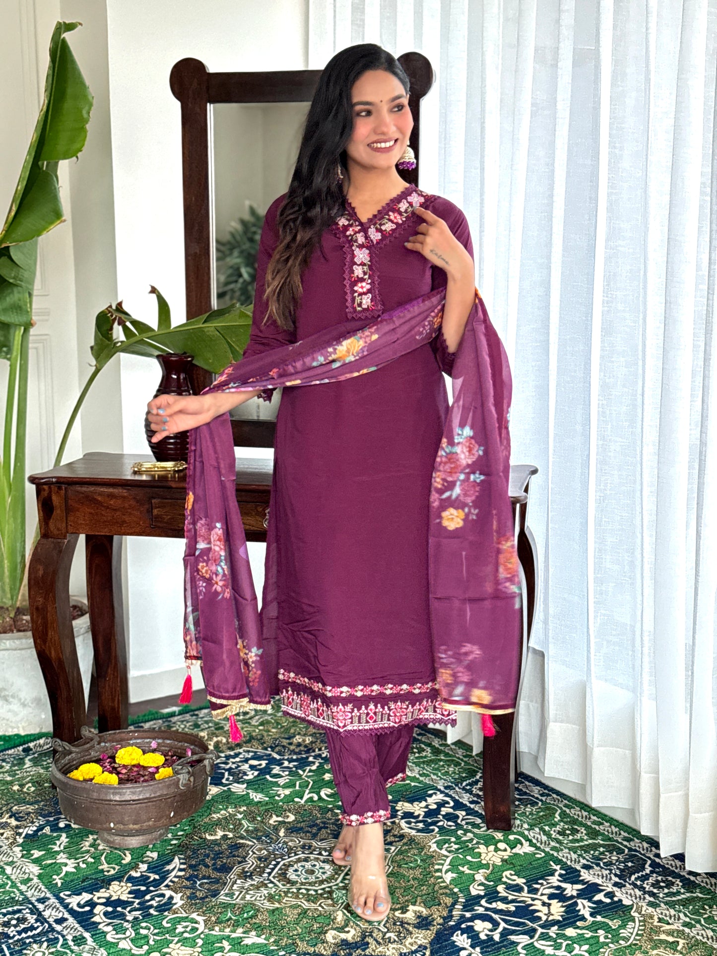 Buy Women Burgundy Embroidered Chandery Kurta Sets