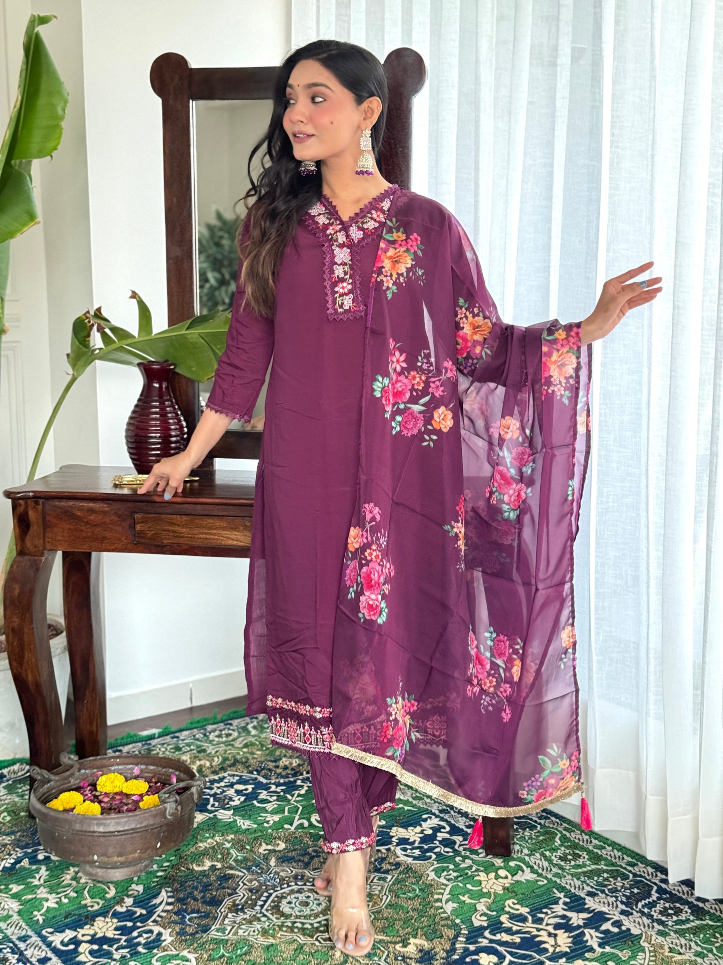 Buy Women Burgundy Embroidered Chandery Kurta Sets