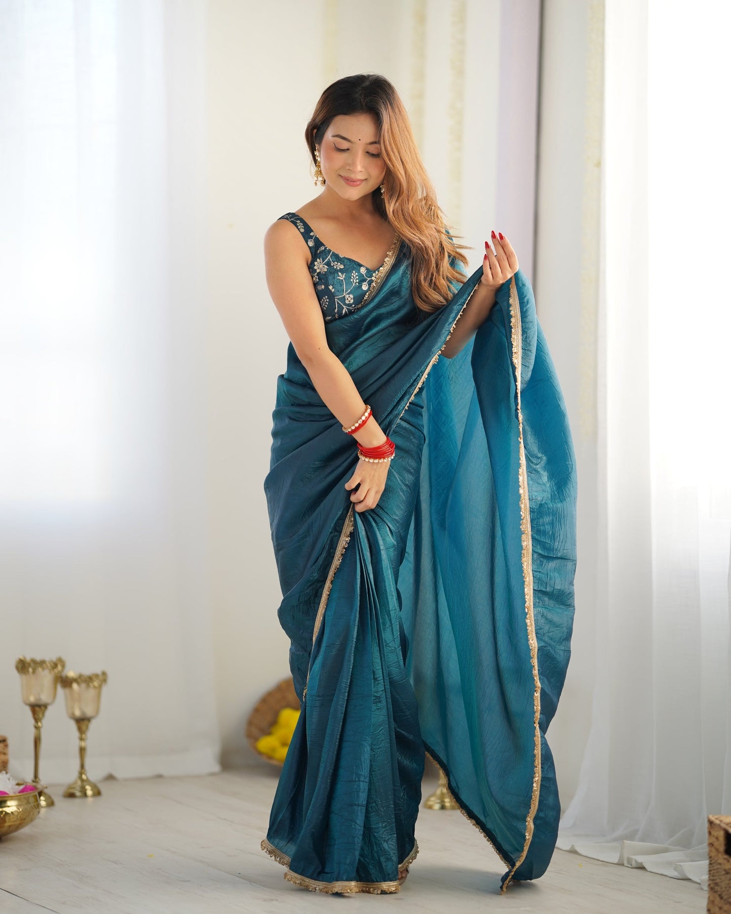sTEAL BLUE COLOR TISSUE SILK PRE DRAPED SAREE