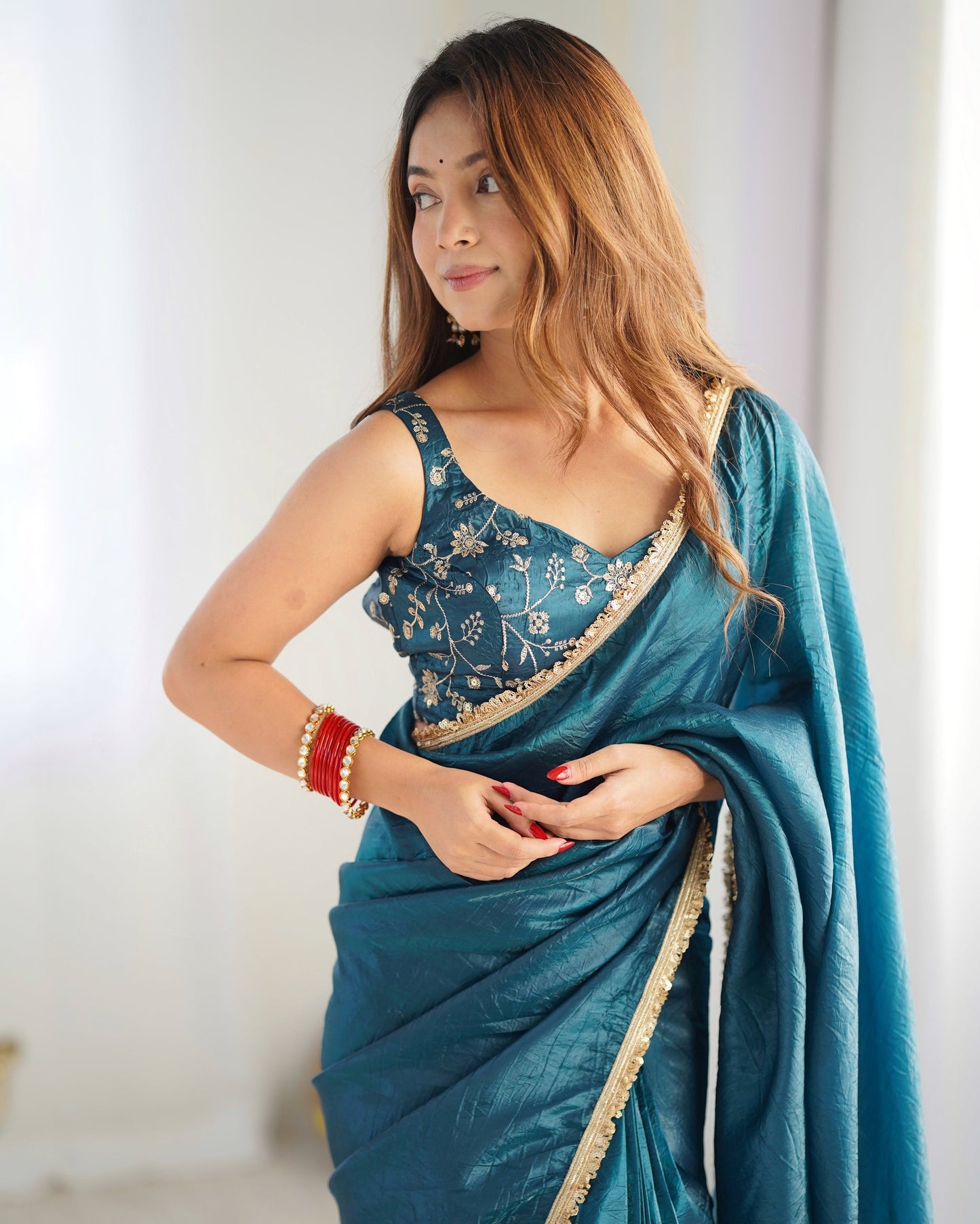 sTEAL BLUE COLOR TISSUE SILK PRE DRAPED SAREE