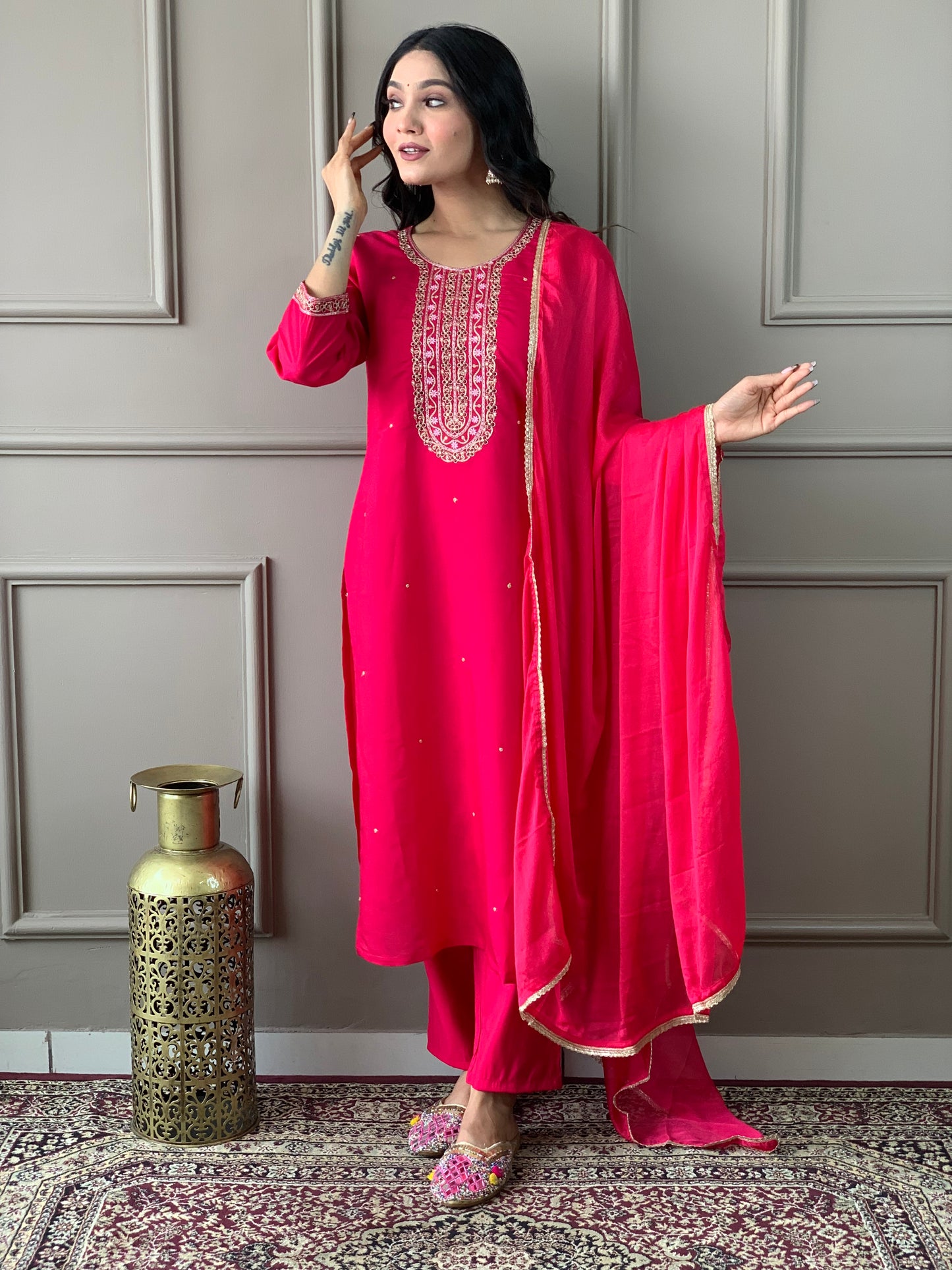 Embroidered Sequinned Round Neck Straight Kurta sets