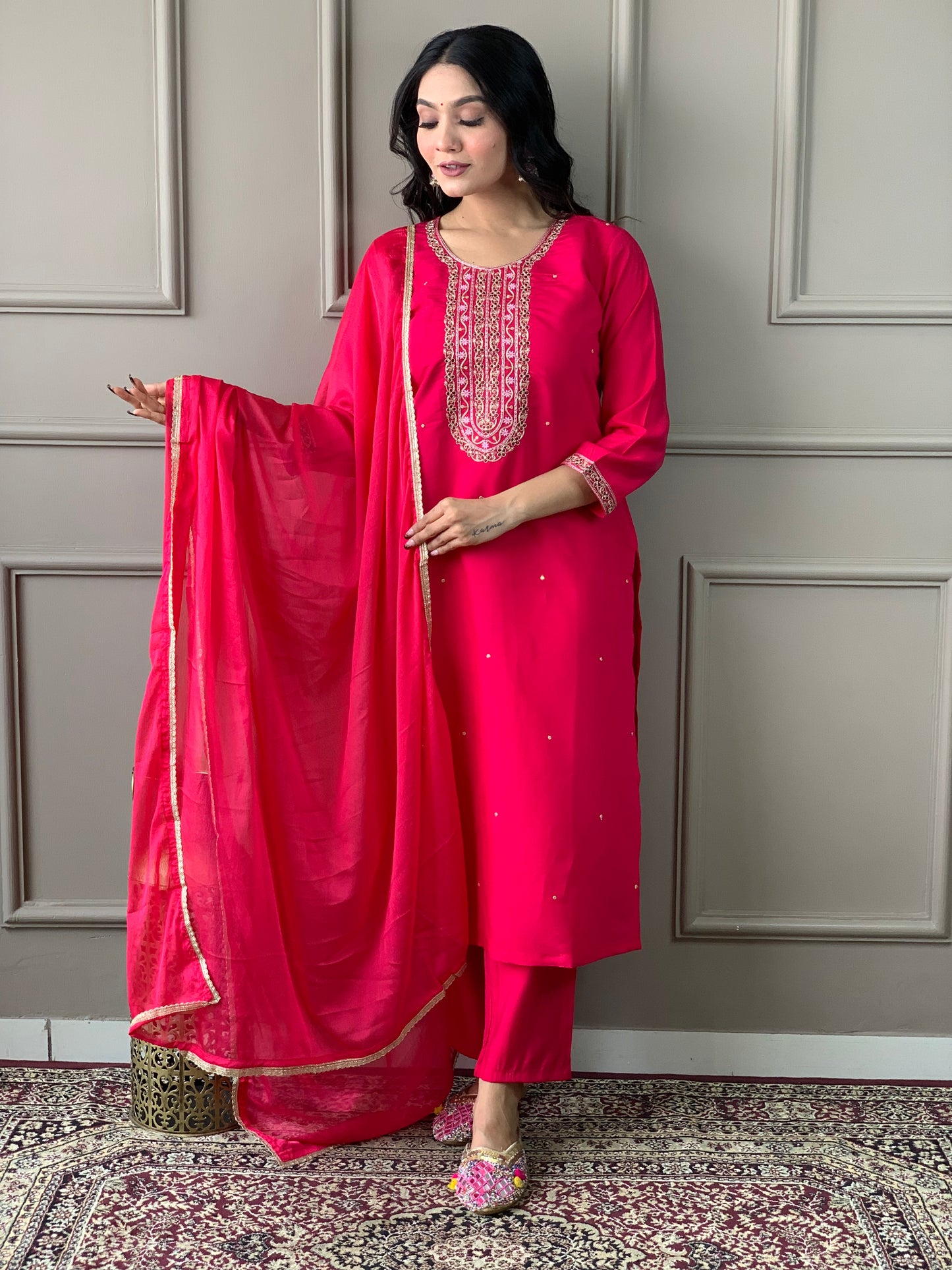 Embroidered Sequinned Round Neck Straight Kurta sets