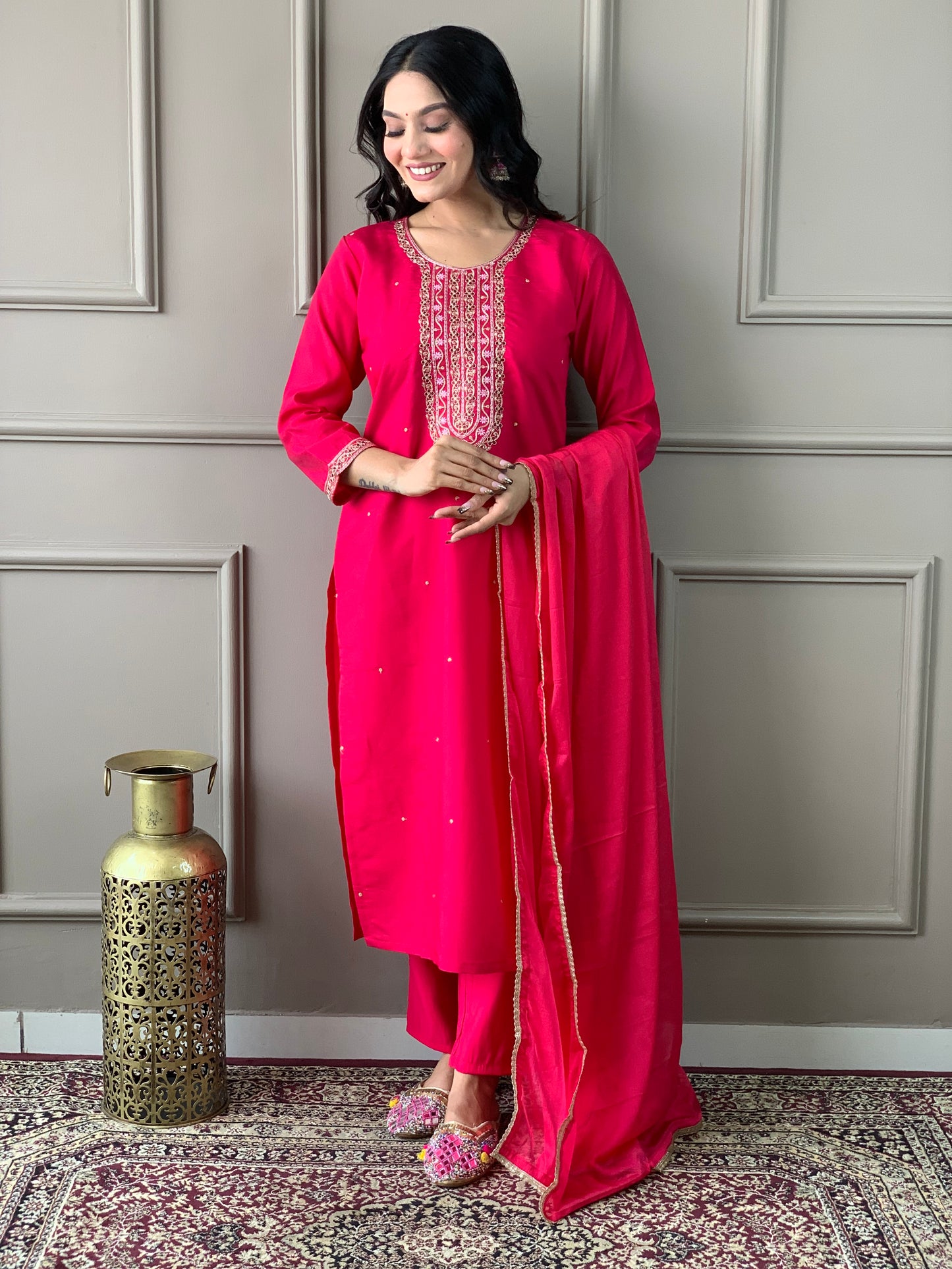 Embroidered Sequinned Round Neck Straight Kurta sets