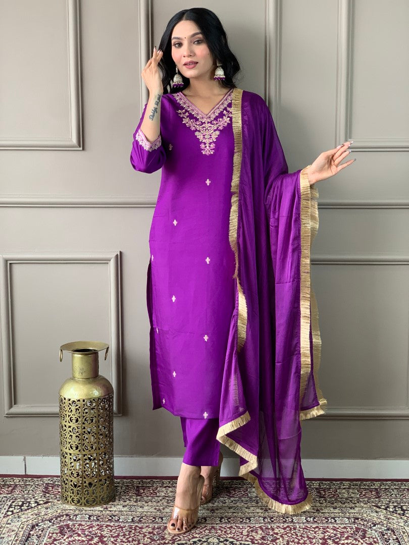 VISCOSE CHANDERI BELLA PURPLE KURTA SET