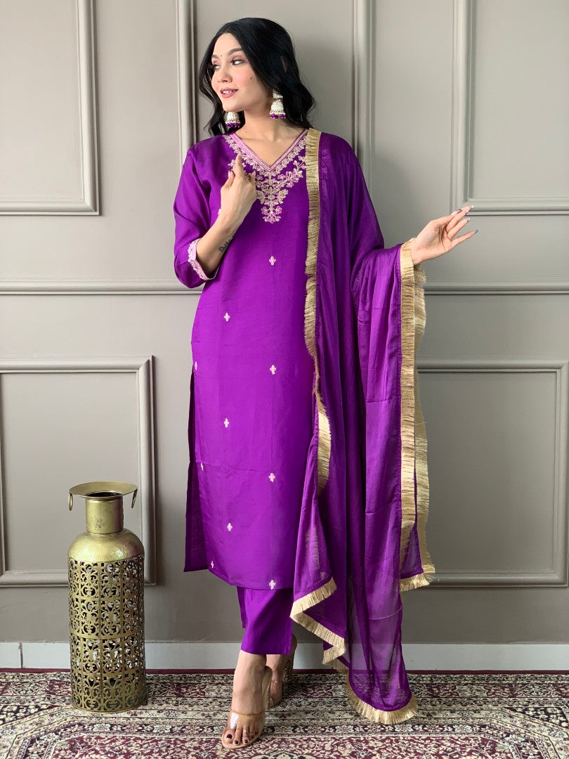 VISCOSE CHANDERI BELLA PURPLE KURTA SET