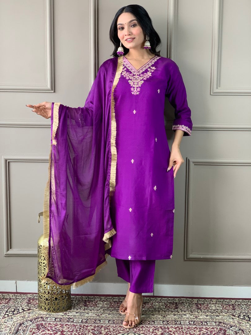 VISCOSE CHANDERI BELLA PURPLE KURTA SET