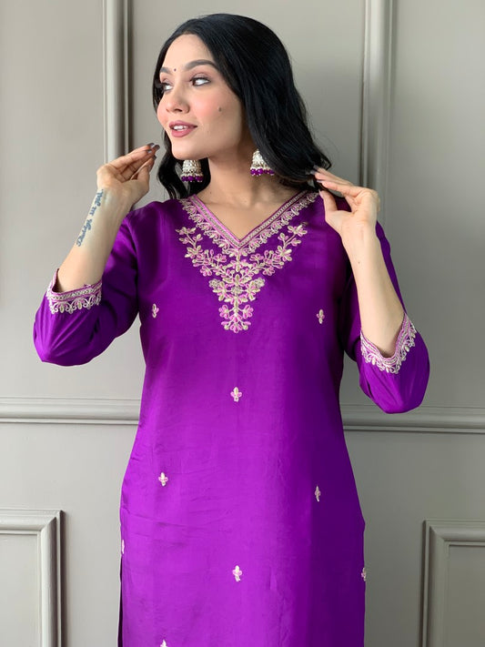 VISCOSE CHANDERI BELLA PURPLE KURTA SET