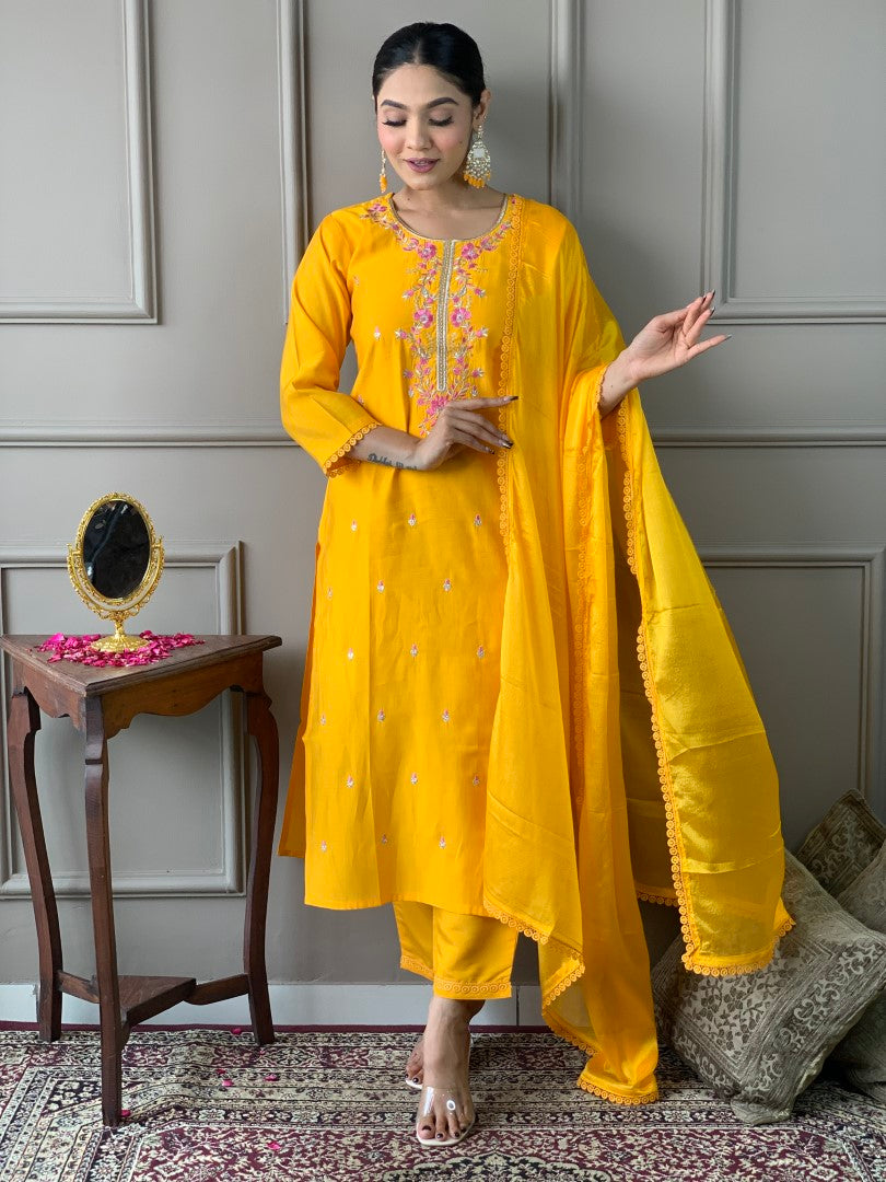 MADMOON FASHION ALICE VISCOSE CHANDERI MUSTARD KURTA SET