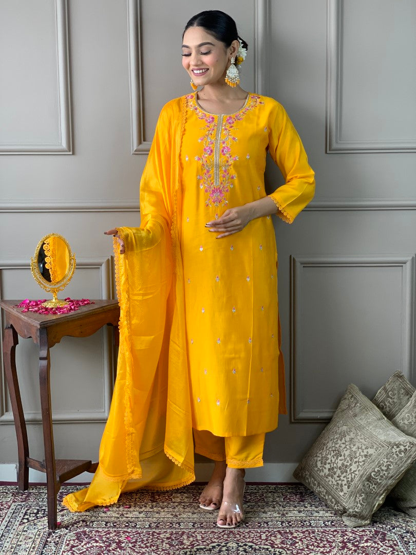 MADMOON FASHION ALICE VISCOSE CHANDERI MUSTARD KURTA SET