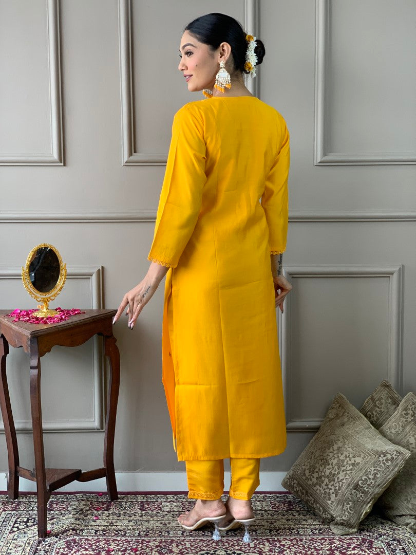 MADMOON FASHION ALICE VISCOSE CHANDERI MUSTARD KURTA SET