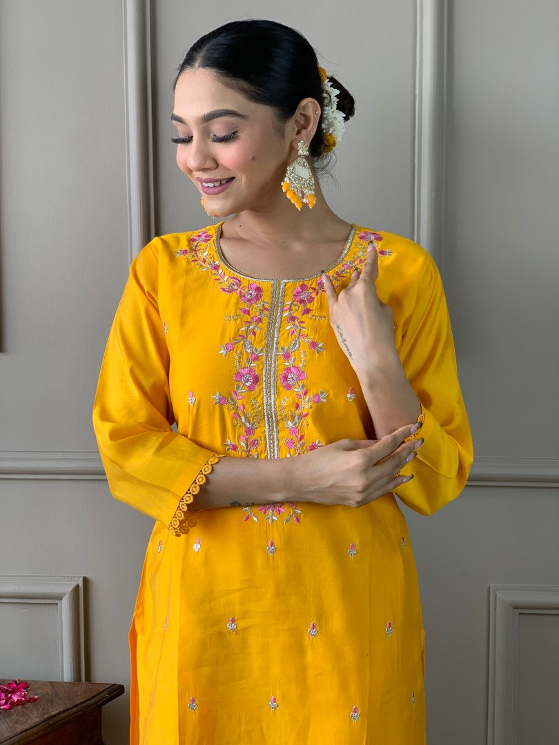 MADMOON FASHION ALICE VISCOSE CHANDERI MUSTARD KURTA SET