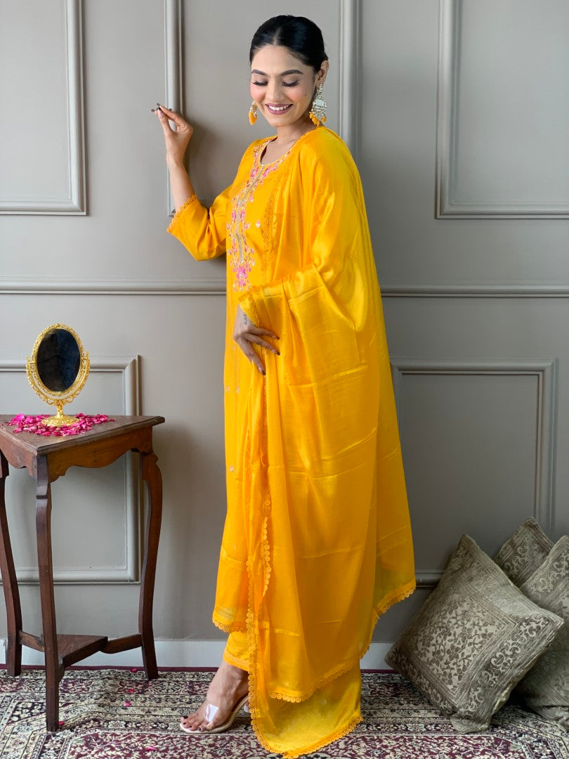 MADMOON FASHION ALICE VISCOSE CHANDERI MUSTARD KURTA SET