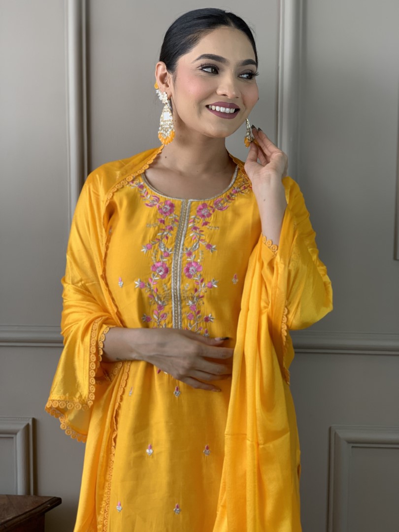 MADMOON FASHION ALICE VISCOSE CHANDERI MUSTARD KURTA SET