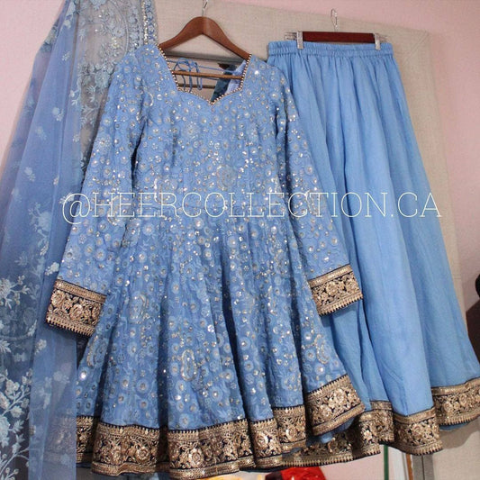 Impressive Sky Blue Embroidered Sharara Suit