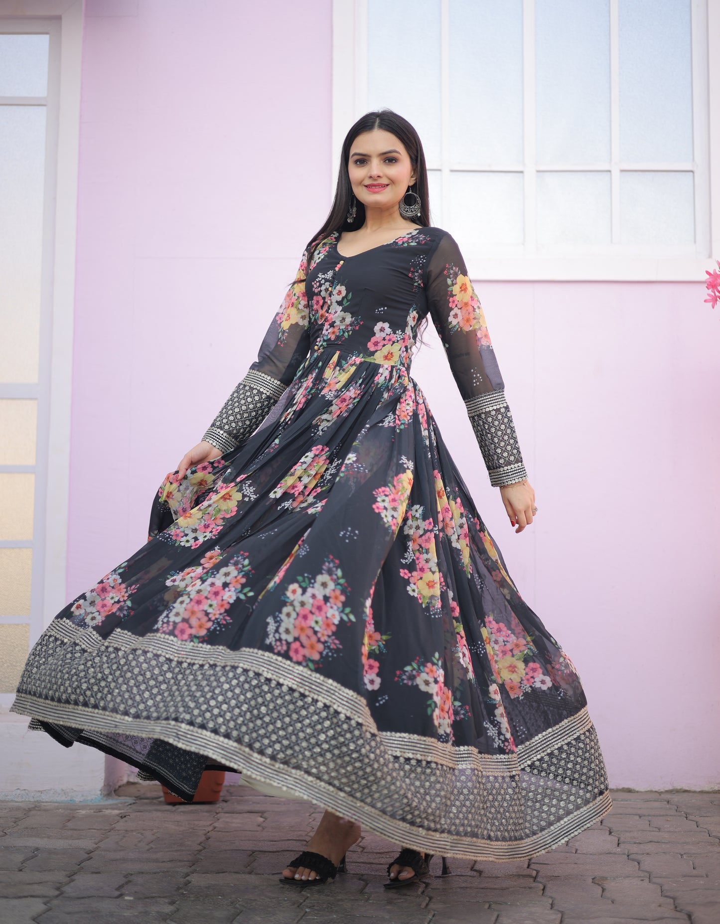 Floral Printed Georgette Gown With Embroidery Work