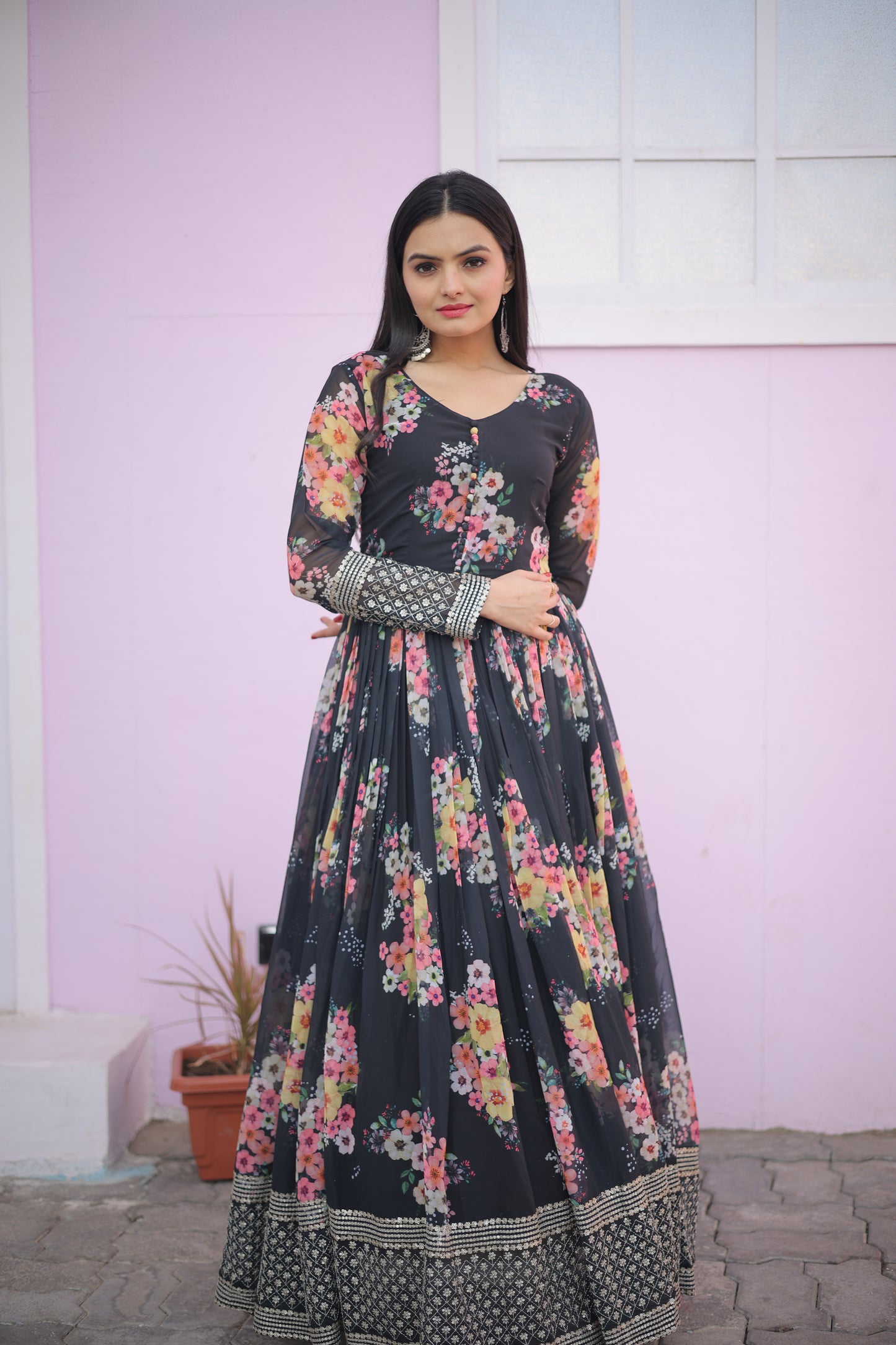 Floral Printed Georgette Gown With Embroidery Work