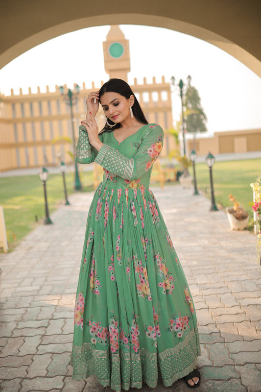 Floral Printed Georgette Gown With Embroidery Work