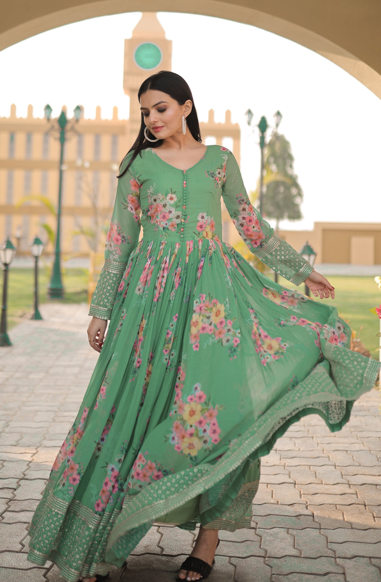 Floral Printed Georgette Gown With Embroidery Work