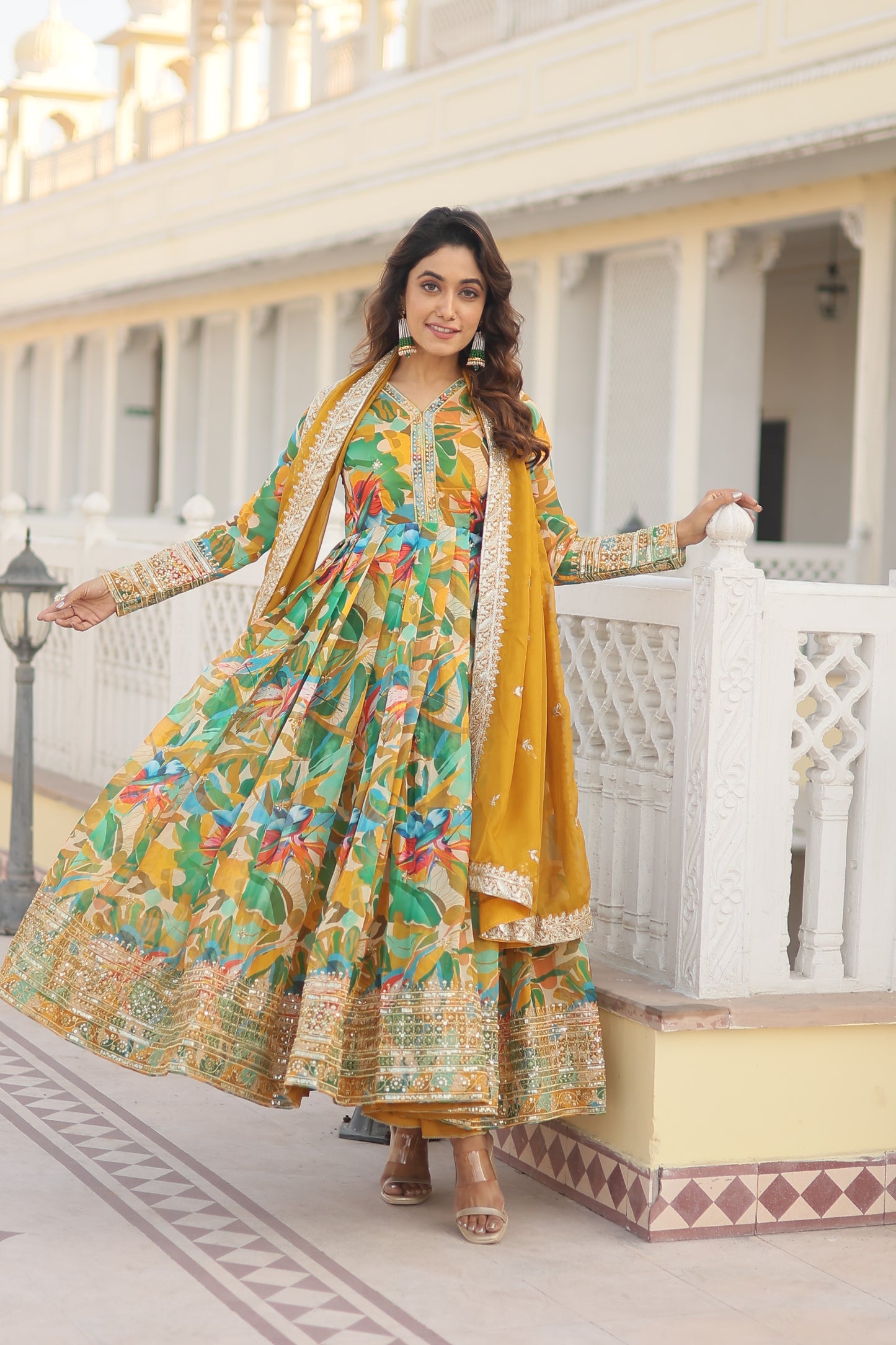 Floral printed tranding Gown Set With embroidery