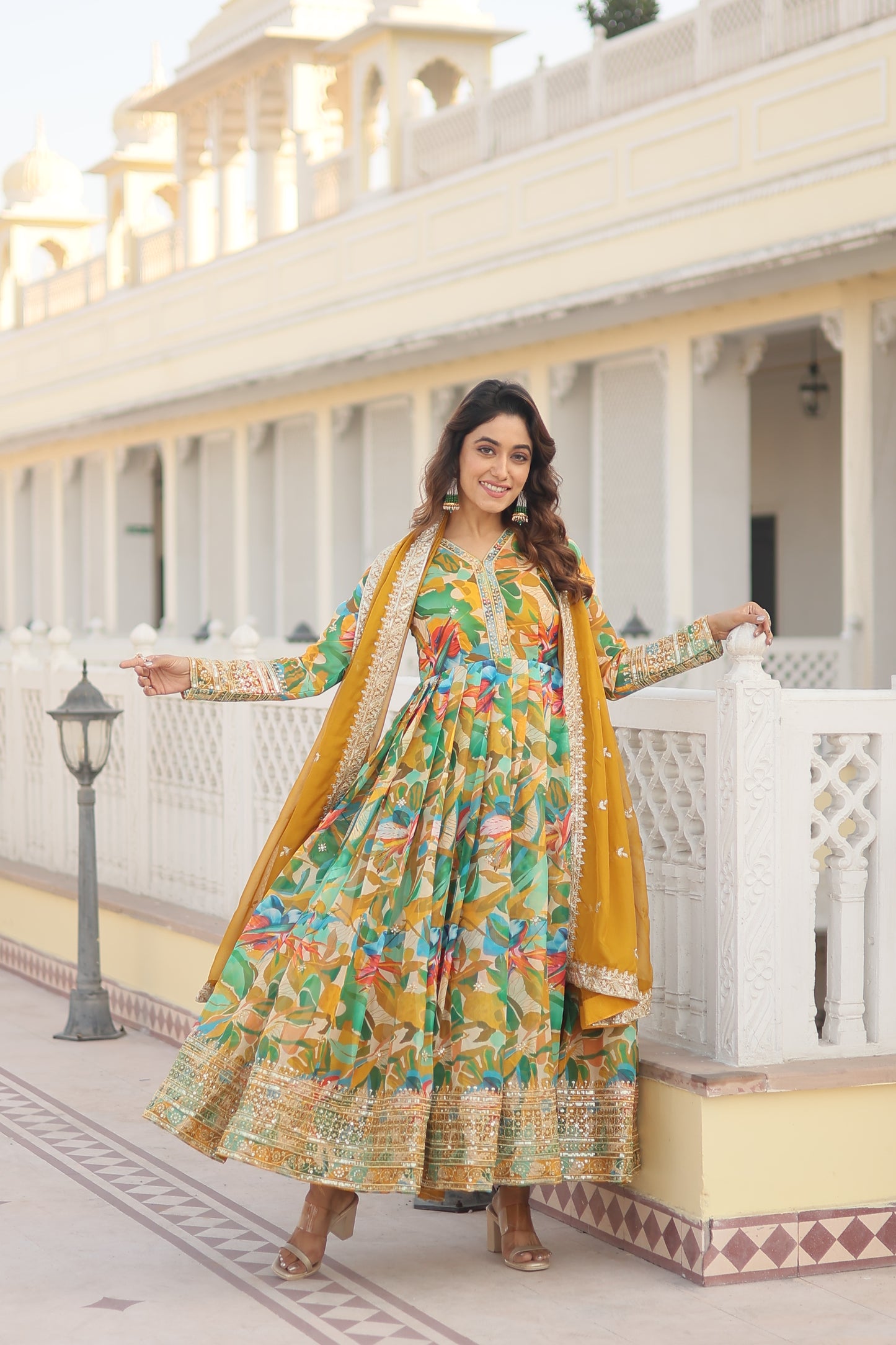 Floral printed tranding Gown Set With embroidery