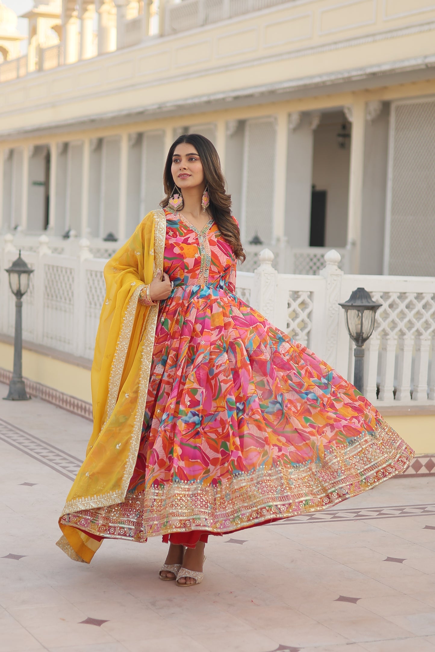 Floral printed tranding Gown Set With embroidery