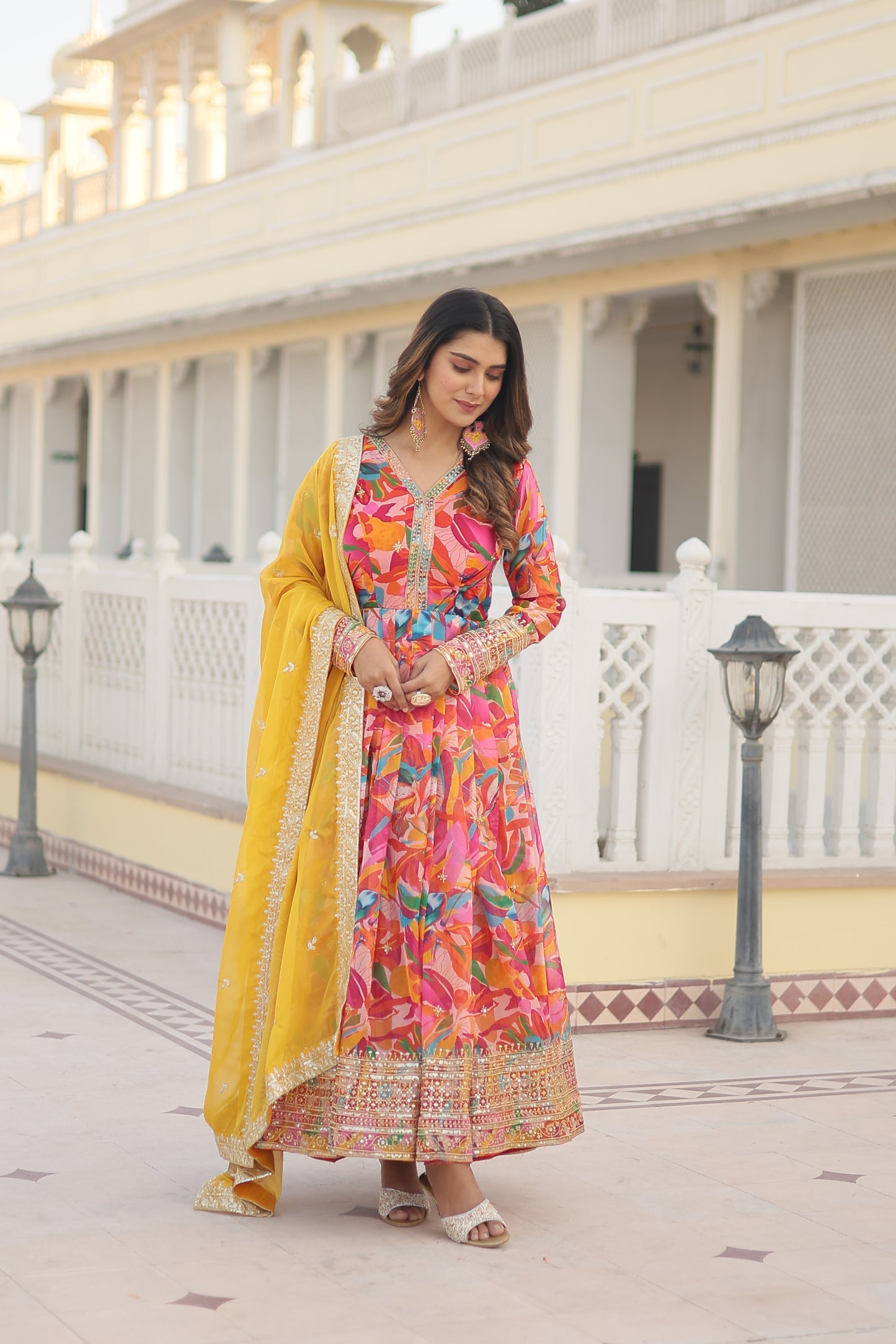 Floral printed tranding Gown Set With embroidery