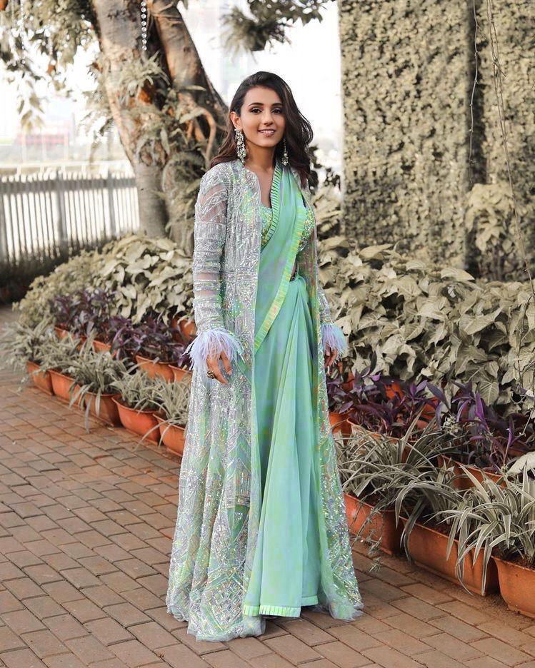 Party Wear Pista Color Heavy Saree For GirlS