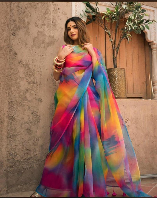 latest multi colored oraganza saree