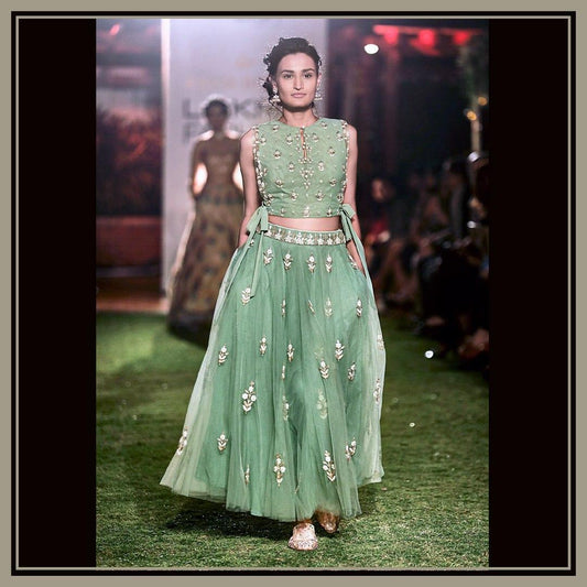 Latest Thread And Zari Embroidery Work Green Lehenga