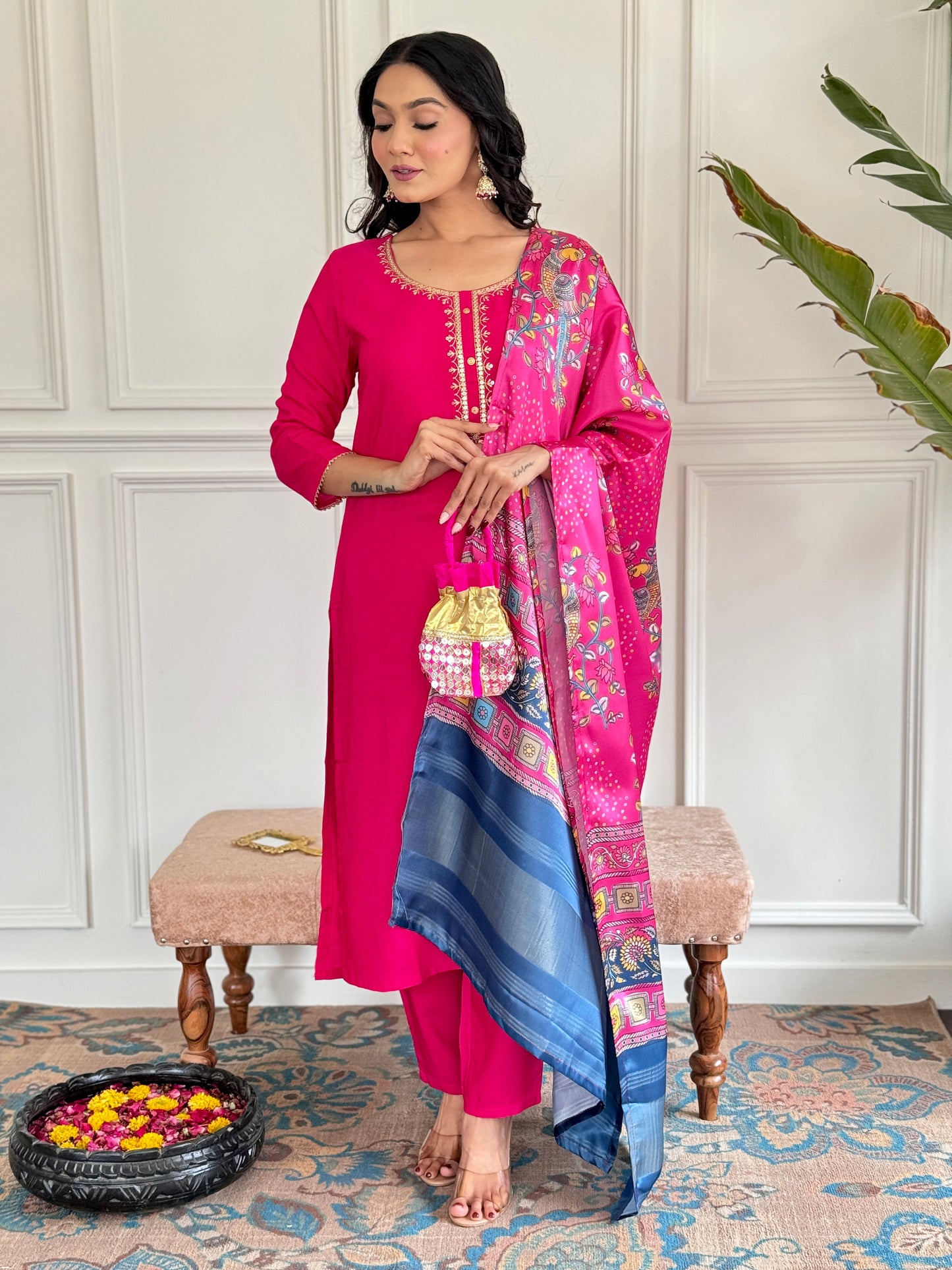 Women's Gajri Viscose Embroidered Straight Kurta with Viscose Pant And Jacquard Printed Dupatta Sets