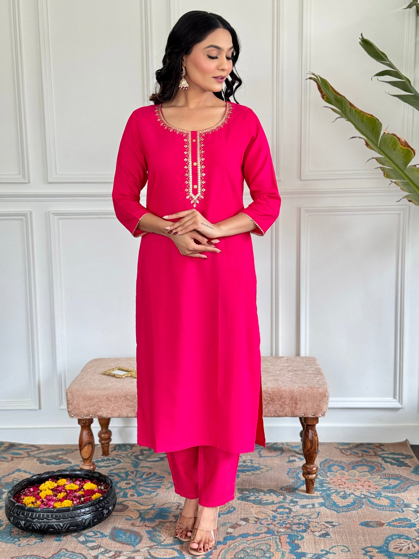 Women's Gajri Viscose Embroidered Straight Kurta with Viscose Pant And Jacquard Printed Dupatta Sets