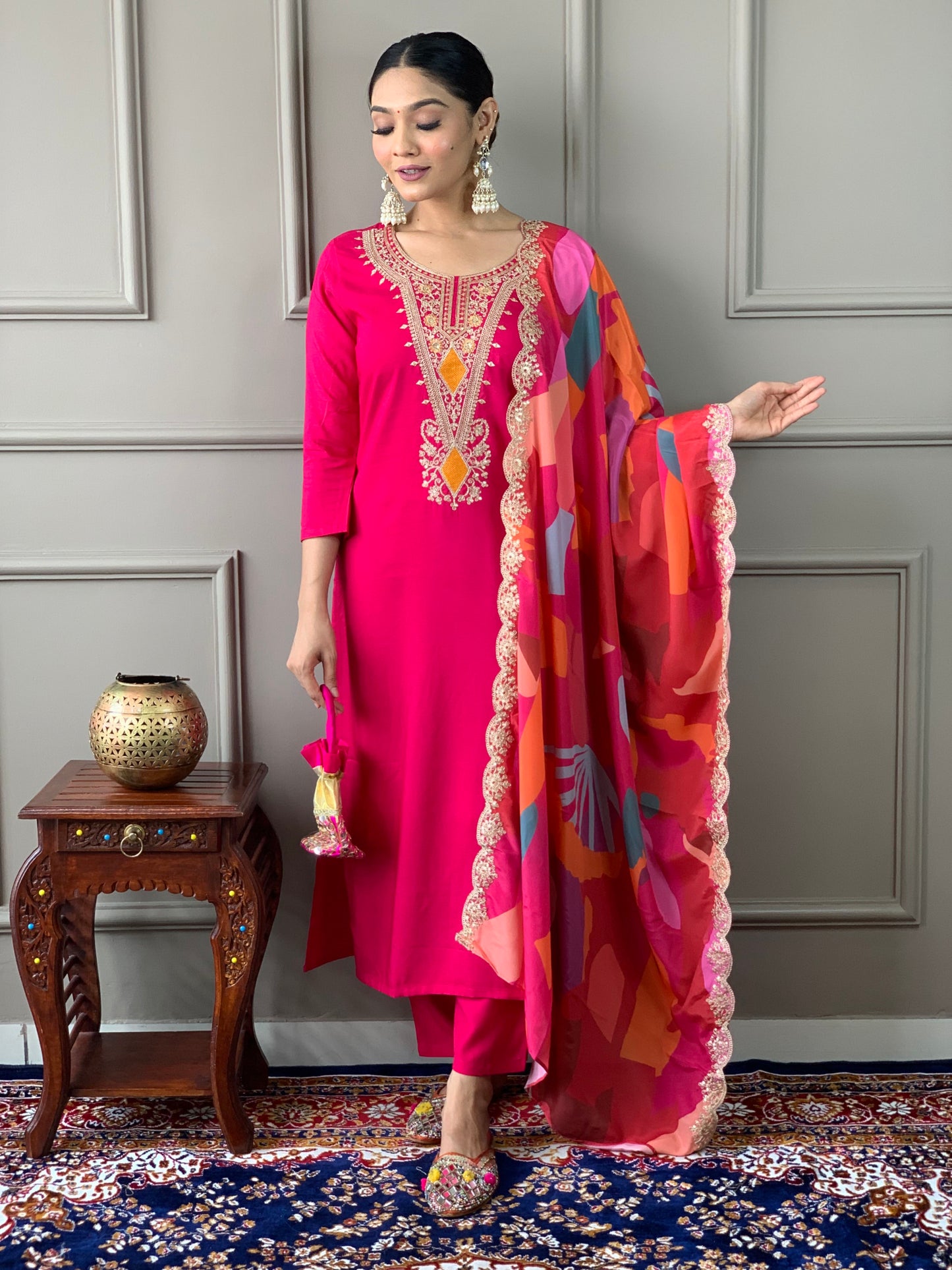 Women's Red silk viscose Embroidered Straight Kurta with silk Viscose Pant And Crepe Printed Dupatta Sets