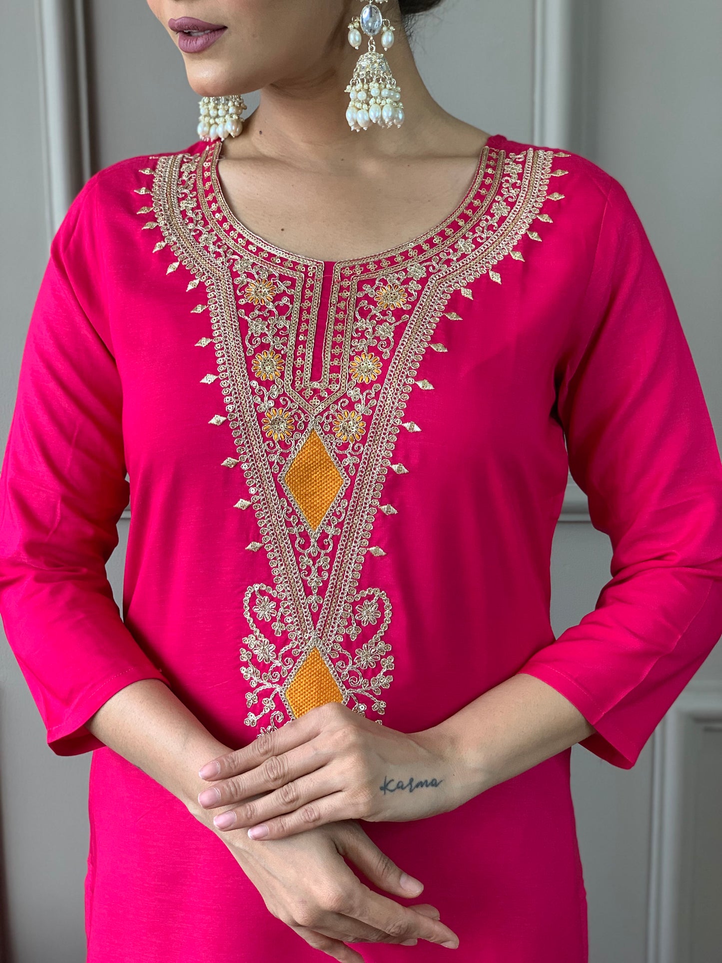 Women's Red silk viscose Embroidered Straight Kurta with silk Viscose Pant And Crepe Printed Dupatta Sets