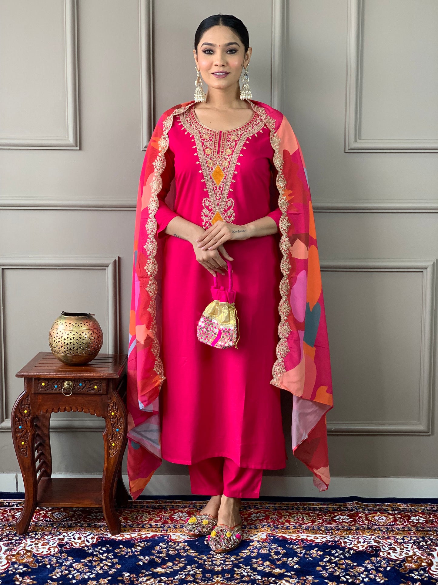 Women's Red silk viscose Embroidered Straight Kurta with silk Viscose Pant And Crepe Printed Dupatta Sets