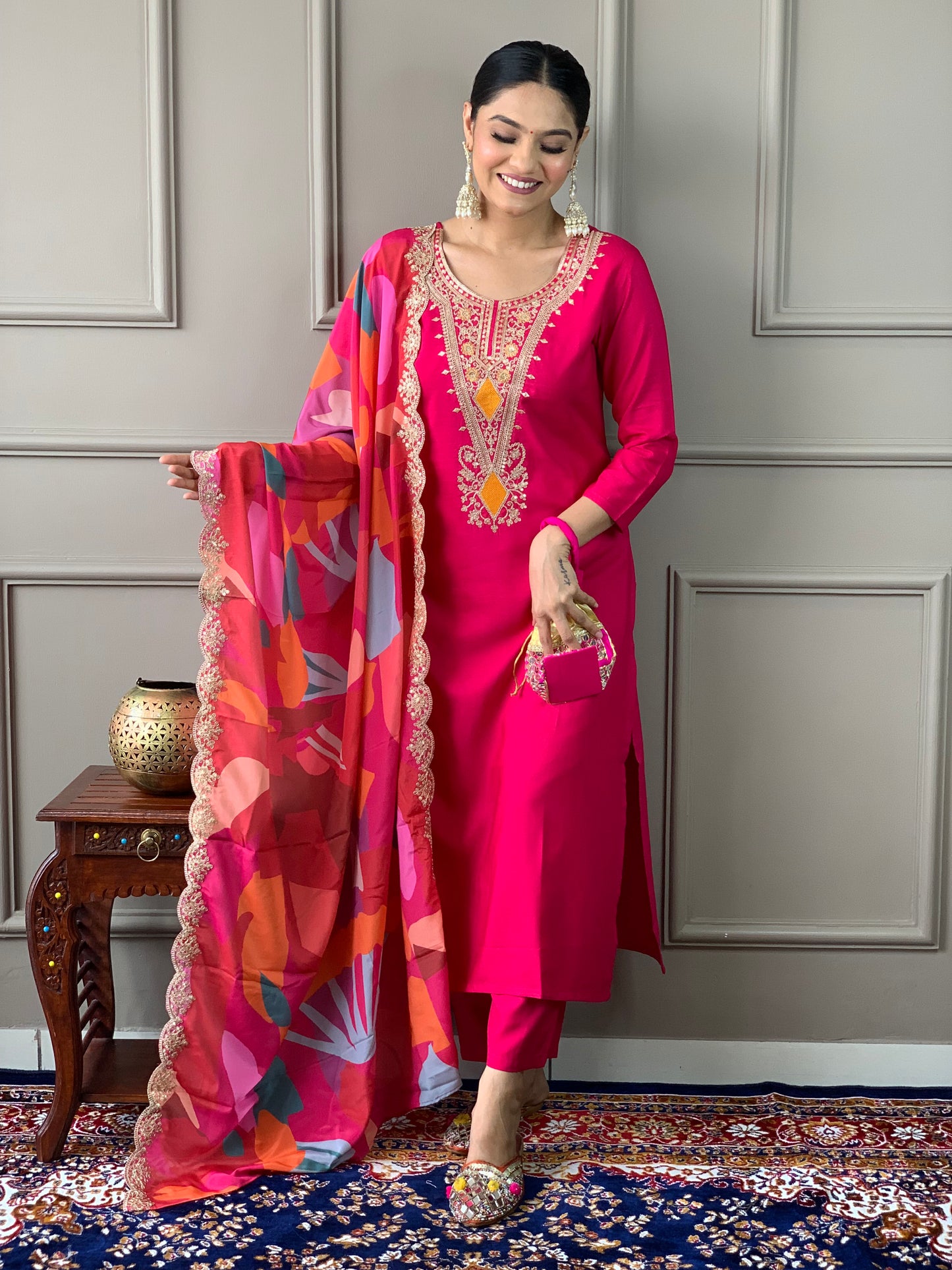 Women's Red silk viscose Embroidered Straight Kurta with silk Viscose Pant And Crepe Printed Dupatta Sets