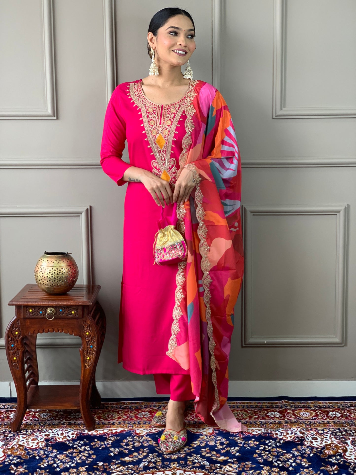 Women's Red silk viscose Embroidered Straight Kurta with silk Viscose Pant And Crepe Printed Dupatta Sets