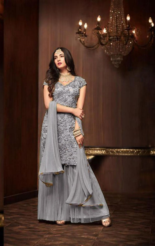 Latest New Gery Color Heavy Net Party Wear Sharara Suit