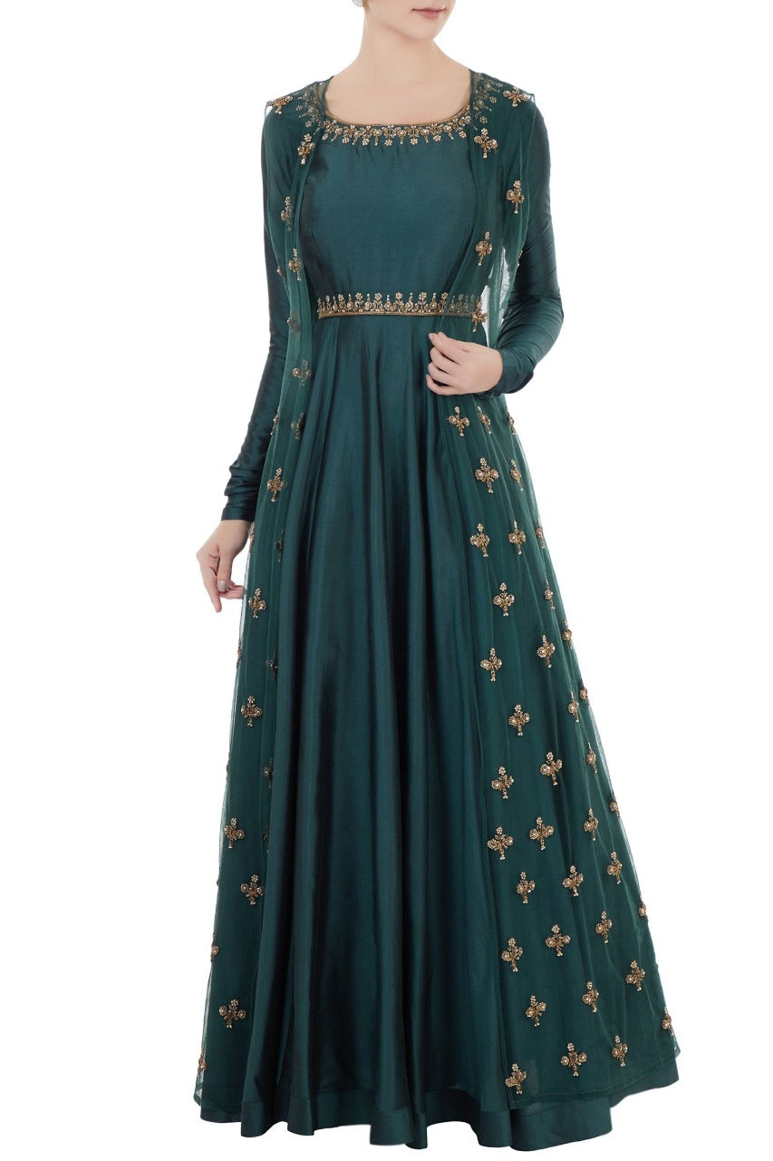 Party Wear Green Color Koti Style Designer Gown