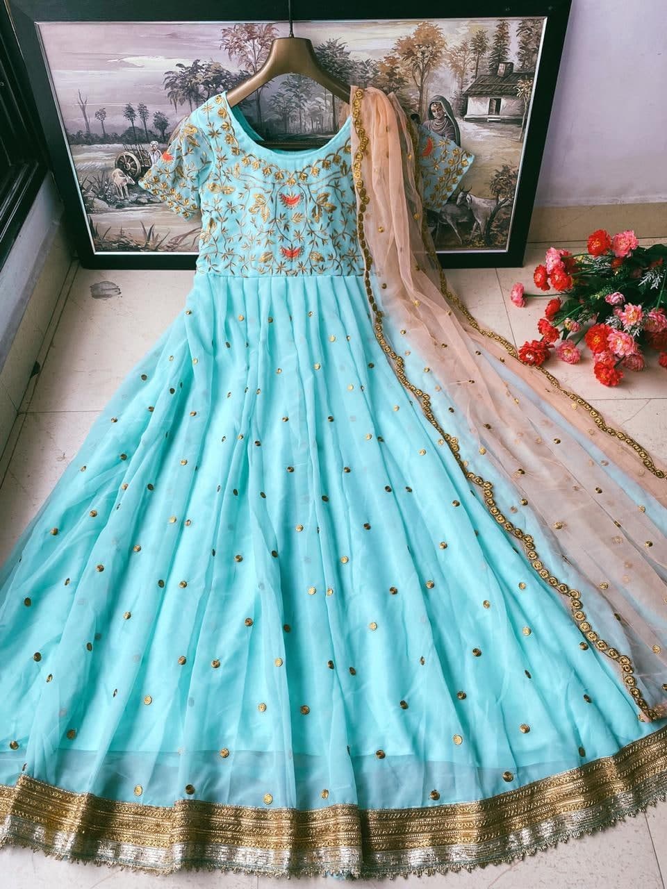 Party Wear Sky Blue Long Gown With Net Dupatta