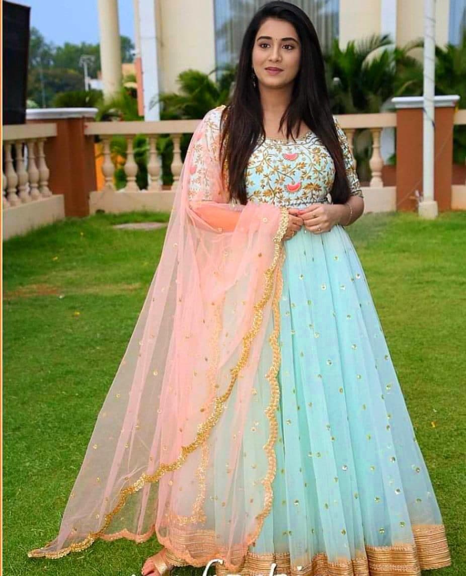 Party Wear Sky Blue Long Gown With Net Dupatta